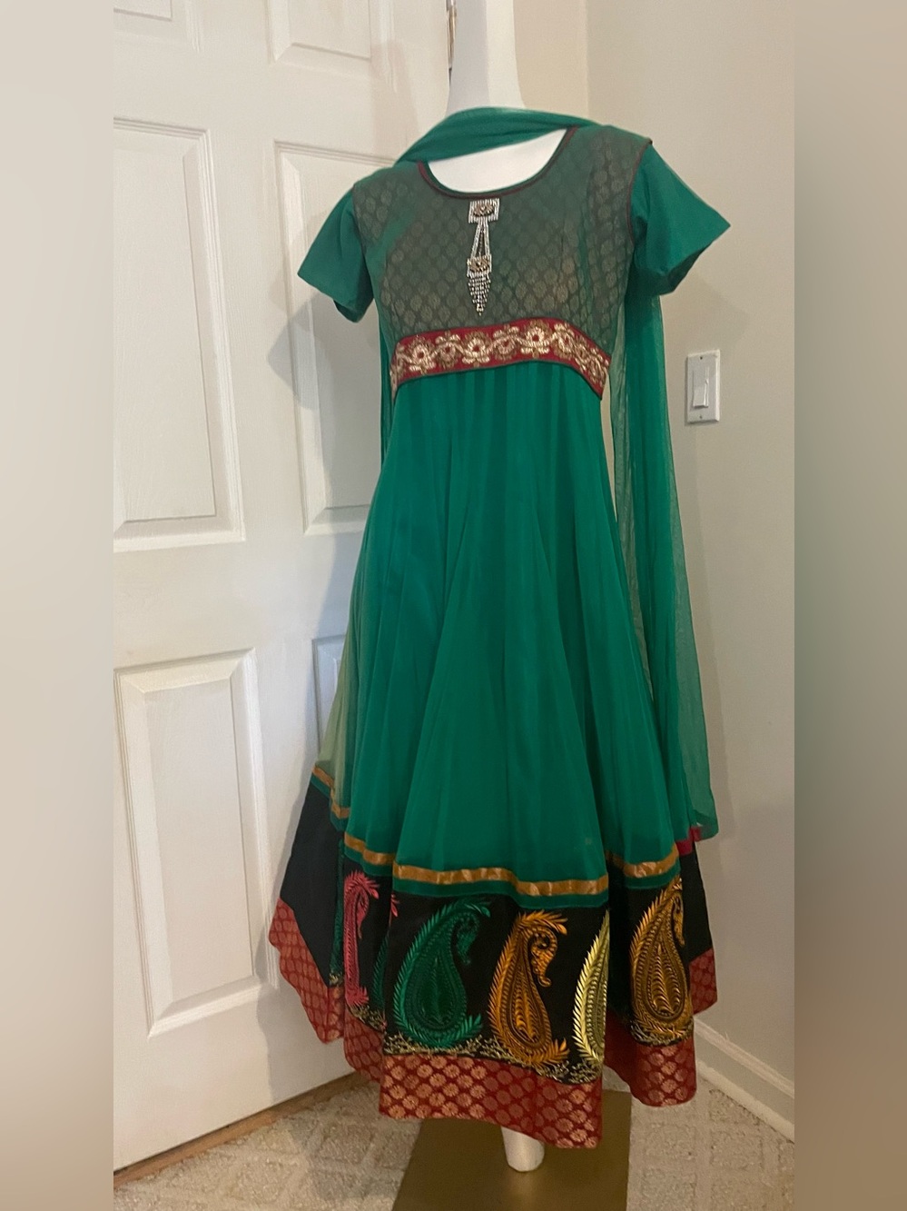 Girls Green Embroidered Anarkali Dress with Dupatta